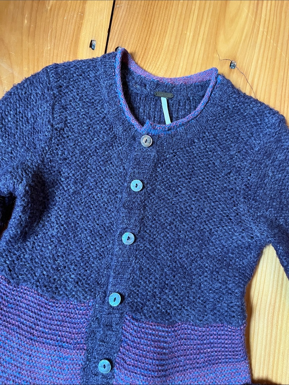 FREE PEOPLE XS Purple Wool Angora Button Up Long Fit Cardigan Sweater A-Line - Picture 2 of 7